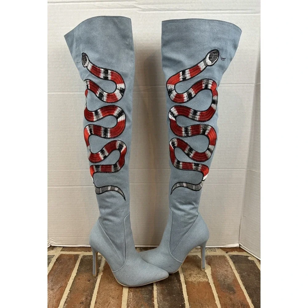 Cape Robbin Thigh High Boots Denim Edgy Snake Black Red Pointy Toe Size 5.5